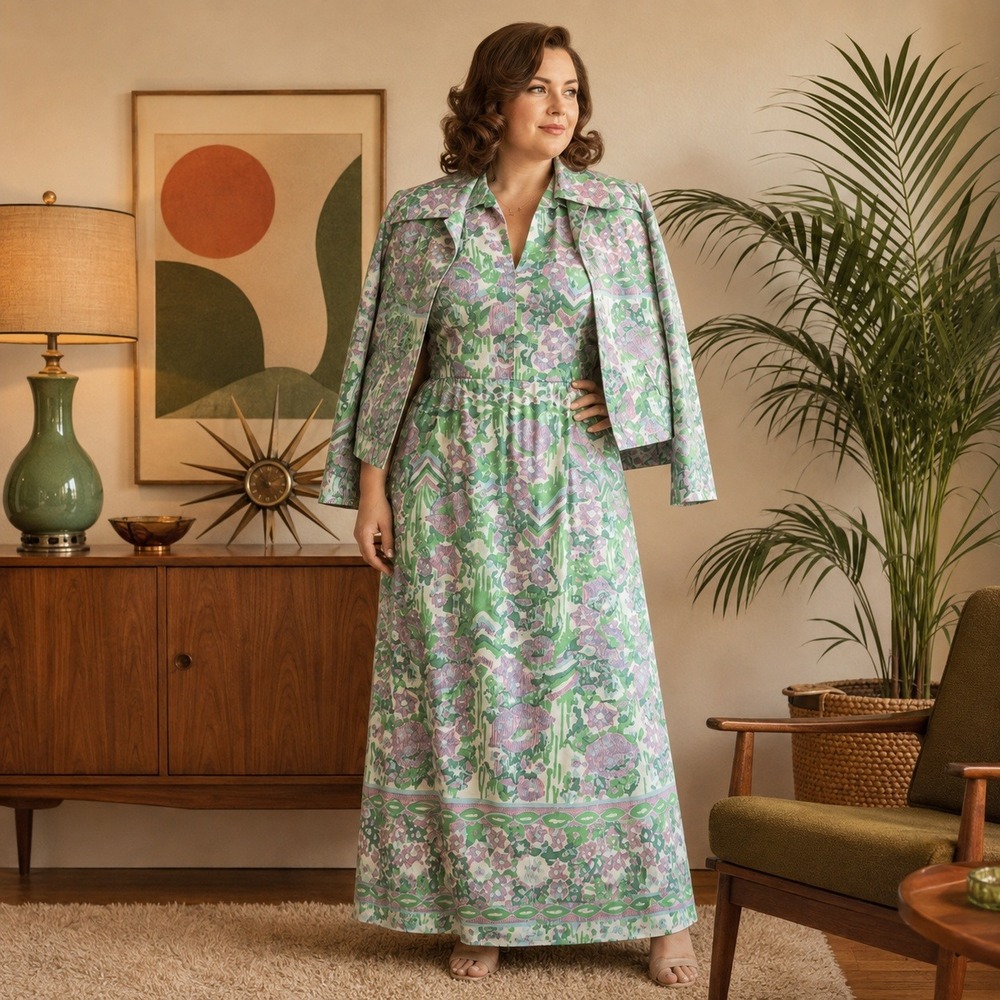 Abe Schrader Vintage Maxi Dress Floral Psychedelic Pink Green Womens 12 ILGWU